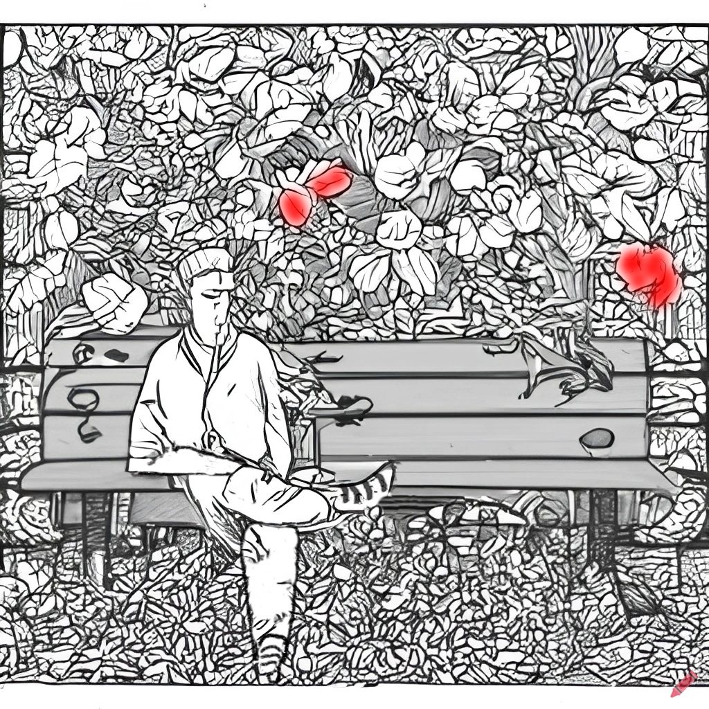 craiyon 104006 near a wild rosebush a tender madness man is sitting on a park bench Birds are flyin 3